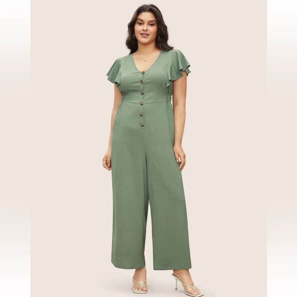 BloomChic Plus Size XL Solid Button Up Ruffle Cap Sleeve Jumpsuit us14-16 - Picture 6 of 7